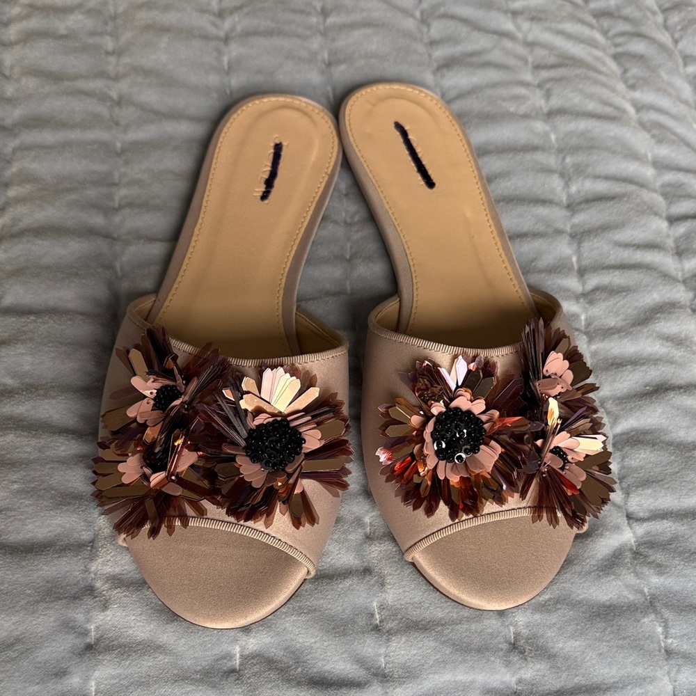 J. Crew Satin Sandals Floral Embellishments Size 9 Warm Sandstone Like New